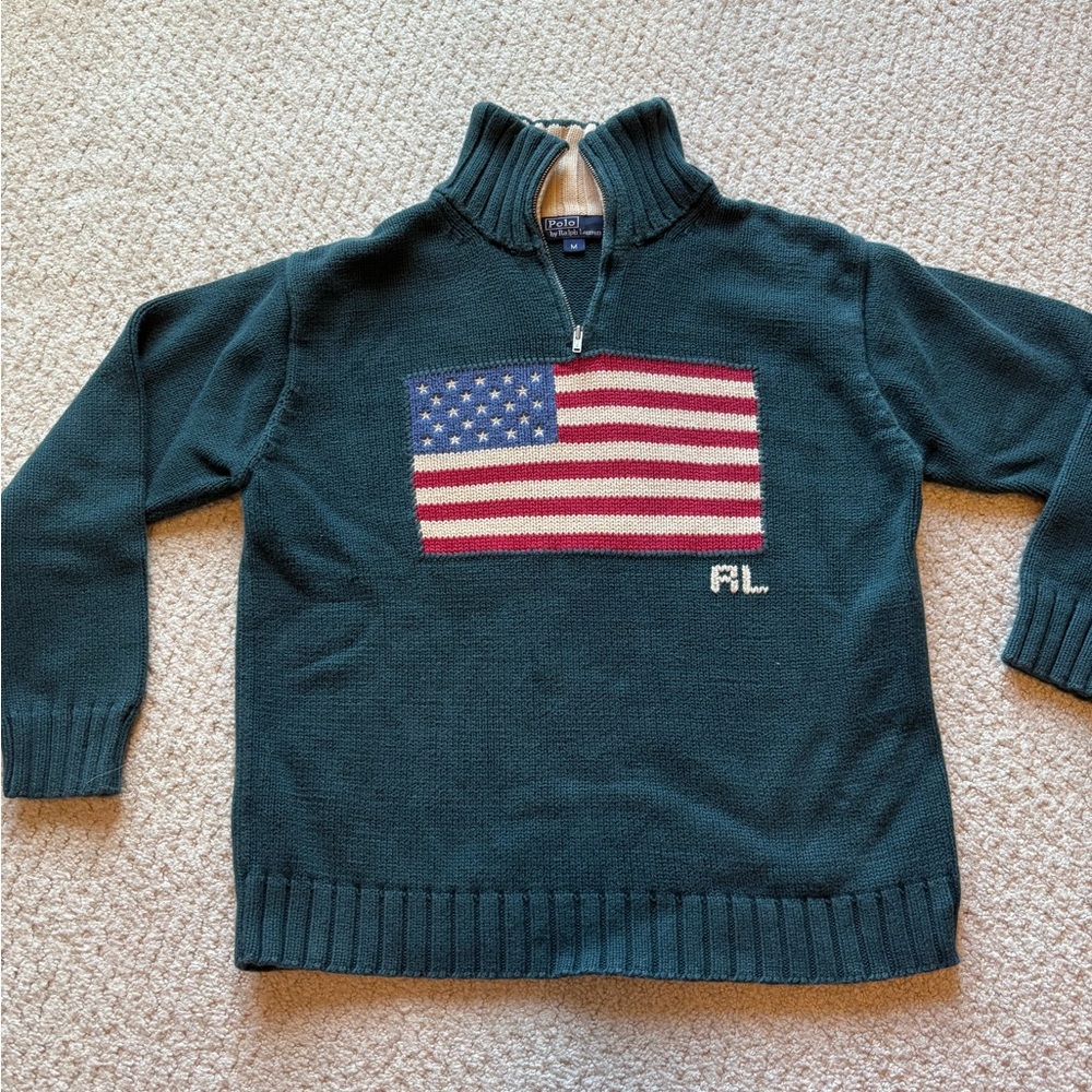 Ralph Lauren Kids Sweater - Dark Green with American Flag